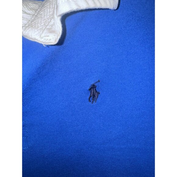 VTG Polo Ralph Lauren Boys L/S Rugby Shirt M Blue White Striped Preppy Academic - Picture 3 of 6